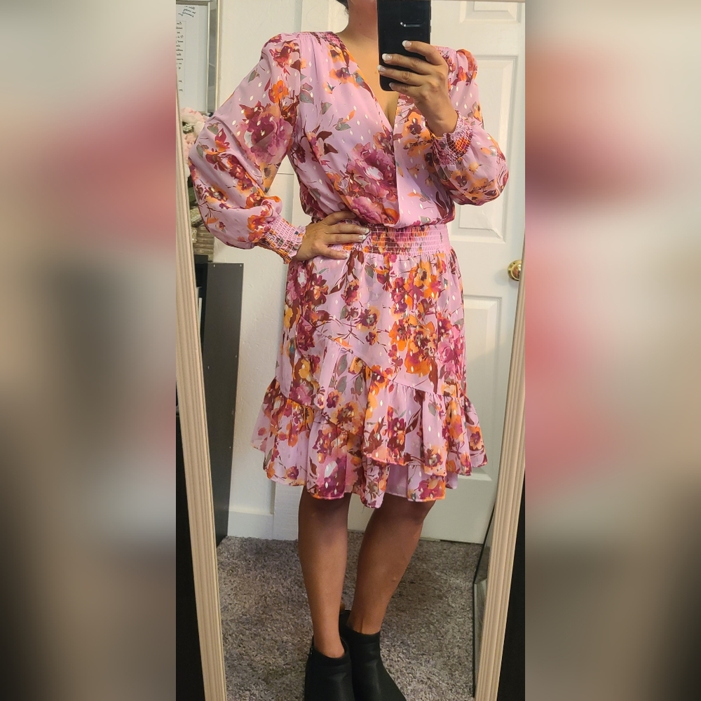Vince Camuto Pink Floral Dress with Gold Foil Accents